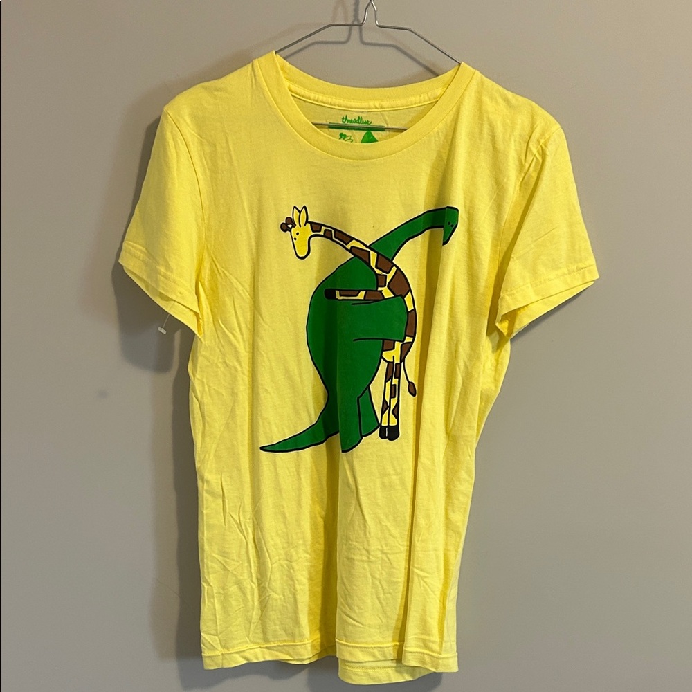 Threadless Yellow Tee with Dinosaur and Giraffe Graphic